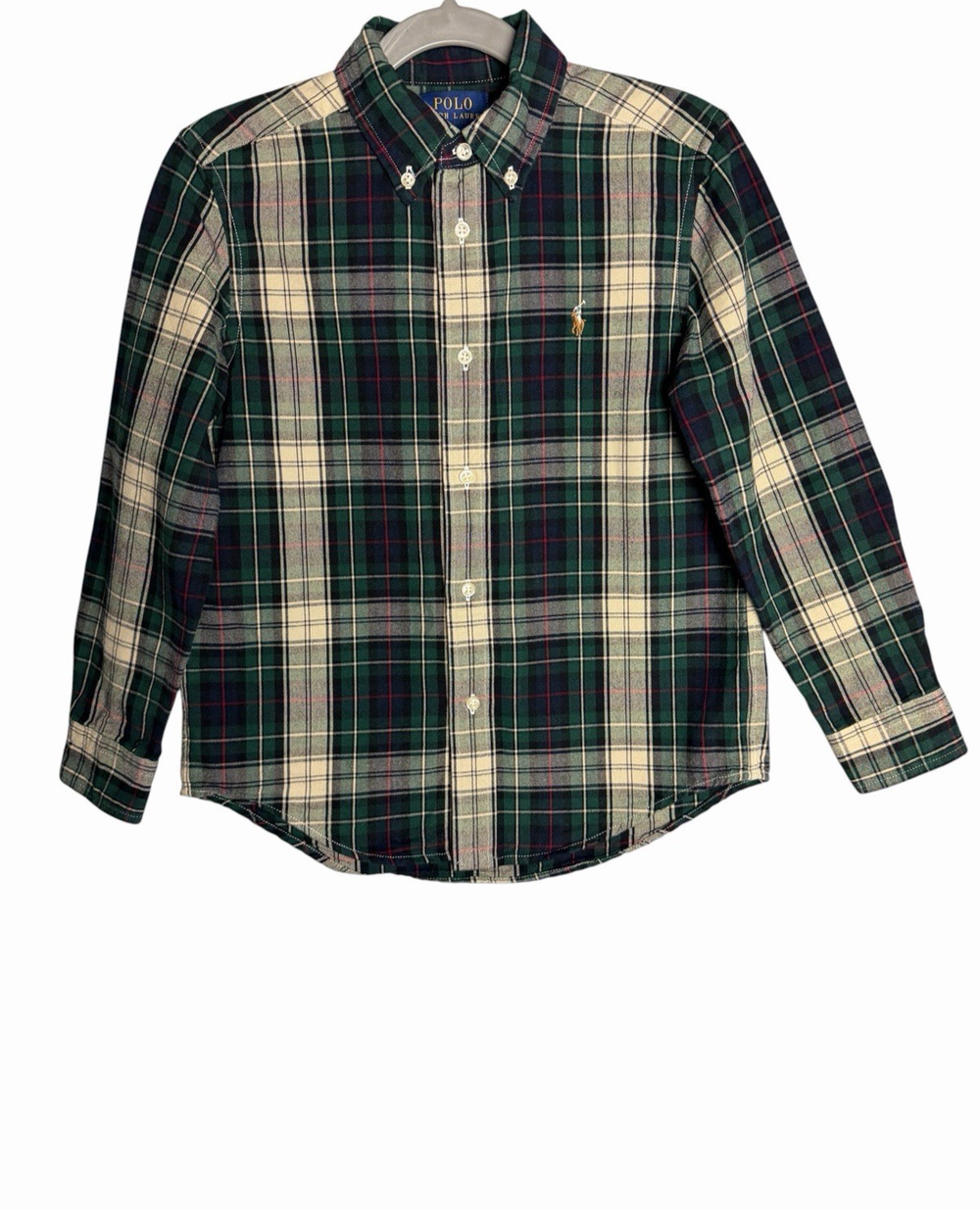 Polo Ralph Lauren Plaid Button-Up Shirt Boy's 6 Green Blue Beige Cotton Pony